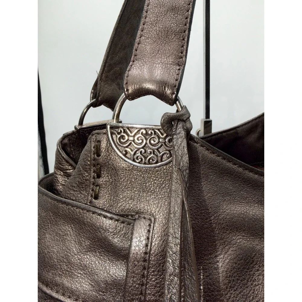 Brighton Metallic Pewter Leather Bow Hobo Shoulder Bag Silver Heart A301748 - Picture 3 of 12